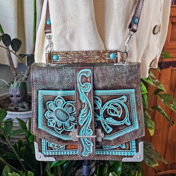 NWOT Patricia Nash Stella Flap Brown and Turquoise Handbag - Picture 1 of 15